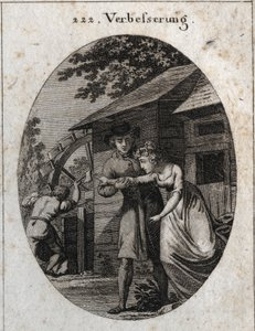 Alegoria de correcção. Expressão: No moinho e tem uma noiva jovem, há sempre algo a fazer novamente. Gravura em "Iconologia ou ideias do campo das paixões e alegorias ilustradas para desenhistas, pintores, poetas, estudiosos de Austrian School