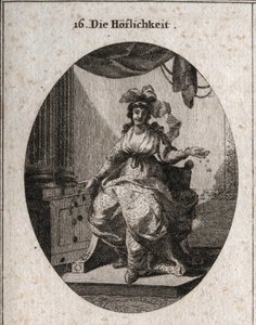Alegoria de cortesia representada por uma mulher rica, graciosa e sorridente que repreende o dinheiro e as jóias. Gravação em "Iconologie oder Ideen aus dem Gebiet der Leidenschaften und Allegorien bildestellt fur Zeichner, Mahler, Dichter, Gelehrte, Er de Austrian School