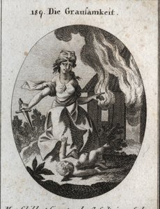 Alegoria de crueldade. A cabeça do tigre, sobre a qual está selada, e o diamante sobre o coração significam a dureza do coração. Ela esmaga uma criança debaixo do pé e segura com uma mão uma adaga ensanguentada e mostra a outra uma casa em chamas. Gravura  de Austrian School