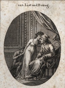 Alegoria de astúcia e engano. Expressão: Quem te dá mais carícias do que o habitual, é sinal de que te enganou ou de que te quer enganar. Gravura em "Iconologie oder Ideen aus dem Gebiete der Leidenschaften und Allegorien bildich de Austrian School