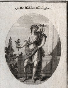 Alegoria de decência. Jovem com uma pele de leão para expressar sua distinção e sua grandeza de alma. O ramo de amaranto e a coroa mostram que ele ainda mantém a sua beleza. O lapso marca eloquência e sagacite no discurso. Gravura em "Iconologie de Austrian School