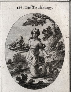Alegoria de engano. Entre as flores do cesto está uma serpente. Ela segura caches atrás dos seus vários hamecons. Suas pernas terminam em uma cauda de cobra para mostrar que ela rasteja para alcançar suas extremidades. Gravura em "Iconologie oder Ideen aus de Austrian School