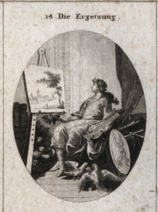 Alegoria de divertimento representada por um jovem segurando uma lira perto de um quadro com frutas, livros, armas e dois colombos que se acariciam, tudo simbolizando o encanto dos sentidos. Gravura em "Iconologie oder Ideen aus dem Gebiete der Leid de Austrian School