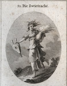 Alegoria da discórdia. Seu cabelo é formado por víboras e sua testa é uma bandagem ensanguentada. Um fole numa mão e na outra um vaso de fogo. Gravura em "Iconologie oder Ideen aus dem Gebiete der Leidenschaften und Allegorien bildestellt dargestellt fur Z de Austrian School