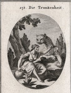 Alegoria da embriaguez. Ela segura um jarro e um copo cheio de vinho que ela deixa. Seu símbolo é uma panela com o símbolo da fúria da embriaguez. Gravura em "Iconologie oder Ideen aus dem Gebiete der Leidenschaften und Allegorien bildestellt dargestellt f de Austrian School