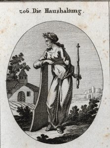 Alegoria da economia. É coroada com um ramo de oliveira simbolizando a paz. Ele se inclina sobre um leme e segura um ceptro e compas, emblemas do poder e do governo exato. Gravura em "Iconologie oder Ideen aus dem Gebiete der Leidenschaften und Allego". de Austrian School