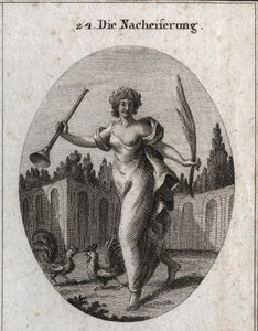 Alegoria de emulação. A trombeta e a palma da mão simbolizam a recompensa atribuída ao merite. Os atributos são dois galos prontos para lutar. Gravação em "Iconologie oder Ideen aus dem Gebiete der Leidenschaften und Allegorien bildestellt dargestellt fur  de Austrian School