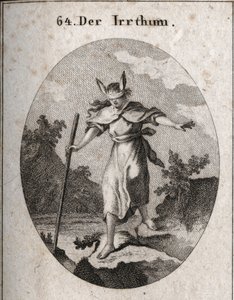 Alegoria de erro em uma atitude espantosa com uma venda e orelhas de burro para marcar que a cegueira e a ignorância são as fontes de erro. Ela dirige-se para um precipício, tatuando com o seu pau. Gravação em "Iconologie oder Ideen aus dem Gebiete der de Austrian School