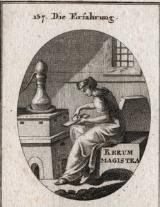 Alegoria da experiência que é o resultado do estudo e do tempo. Ela está a experimentar ouro numa placa de chave. Gravação em "Iconologie oder Ideen aus dem Gebiet der Leidenschaften und Allegorien bildestellt fur Zeichner, Mahler, Dichter, Gelehrte, Erzie de Austrian School