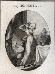Alegoria de falsidade. O seu emblema é uma sirene a olhar para si mesma num espelho. Gravação em "Iconologie oder Ideen aus dem Gebiet der Leidenschaften und Allegorien bildestellt fur Zeichner, Mahler, Dichter, Gelehrte, Erzieher und freunde Hoherer G de Austrian School