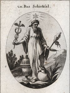 Alegoria do destino. Uma estrela acima dela ejeta relatos de astrologia sobre incidentes da vida humana. Ele segura com uma mão um símbolo decíduo de seu poder e com a outra um símbolo de rabo de gato e um fiuseau cujo fio quebrado indica a fragilidade da  de Austrian School
