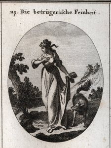 Alegoria de fineza que tende a enganar. Ela é representada com uma mão no peito e outra atrás dela segurando um símbolo de engano. Gravura em "Iconologie oder Ideen aus dem Gebiete der Leidenschaften und Allegorien bildich dargestellt de Austrian School