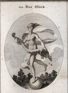Alegoria da fortuna representada com uma venda para mostrar que ela é cega aos seus dons. Ela segura um chifre de abundância de cetros, coroas, jóias e moedas. É colocado sobre uma bola que gira rapidamente. Gravura em "Iconologie oder Ideen aus dem Gebiet de Austrian School