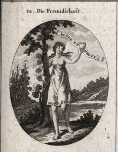 Alegoria de amizade. As flores de murta e romãzeira na sua coroa são símbolos de amor e harmonia. Mostra um coração com esta inscrição: "Longe et prope" (De longe e perto). Na parte inferior do seu vestido está escrito "Bitches et vita" (Morte e Vida). de Austrian School