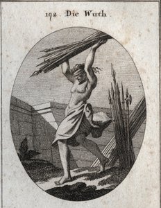 Alegoria de fúria. Com uma venda, ela lança um feixe de diferentes tipos de armas para marcar o seu triunfo no guere, massacres e lutas. Gravação em "Iconologie oder Ideen aus dem Gebiete der Leidenschaften und Allegorien bildestellt dargestellt fur Zeic de Austrian School