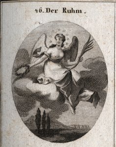 Alegoria da glória sobre uma nuvem. Ela segura uma palma e apresenta grinaldas de louros das quais ela recompensa as suas favoritas. As suas asas marcam a sua elevação. Gravura em "Iconologie oder Ideen aus dem Gebiete der Leidenschaften und Allegorien bil de Austrian School