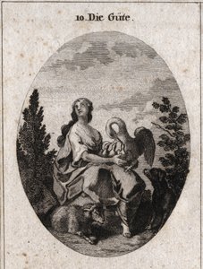Alegoria da bondade representada por uma beleza nobre e abundante olhando para o céu com amor. Pelicano simboliza a caridade, a fidelidade do cão e o cordeiro, a doçura. Gravura em "Iconologie oder Ideen aus dem Gebiete der Leidenschaften und Allegorien bi de Austrian School