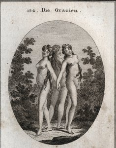 Alegoria de graças. As três graças: Euphrosine significando alívio e contentamento, Aglaya simbolizando a imponente beleza e o deleite de Thalia. Gravura em "Iconologie oder Ideen aus dem Gebiete der Leidenschaften und Allegorien bildestellt dargestellt fu de Austrian School