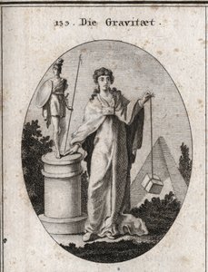 Alegoria da gravidade. A corrente de ouro a que está preso um papel simboliza a confiança. A coluna e a estátua significam a conservação de ações gloriosas e a pedra denota a ponderação. Gravura em "Iconologie oder Ideen aus dem Gebiete der Leidenschaften" de Austrian School