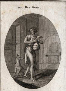 Alegoria da ganância representada em trapos com uma corrente de ouro que lhe serve o cinto, que enfatiza que a posse da propriedade a torna escrava ao ponto de recusar as necessidades. Na bolsa de valores está o nome de Plutão, deus da riqueza na mitologia de Austrian School