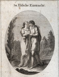 Alegoria de harmonia no casamento. Um casal beija-se, uma corrente de ouro pende à volta do pescoço e um coração que apoiam cada um com uma mão. Gravura em "Iconologie oder Ideen aus dem Gebiete der Leidenschaften und Allegorien bildestellt dargestellt fur de Austrian School