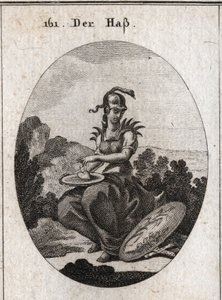 Alegoria de ódio. O seu cadáver é encimado por pontas de ferro, o capacete é rodeado por uma águia e ela segura uma bacia sobre a qual tem um coração que ela salpica com o campo. Seu atributo é um escudo no qual estão representadas uma planta de cana e uma de Austrian School