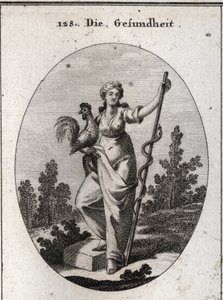Alegoria de saúde representada por uma mulher forte segurando um galo, animal consagrado a Aesculapus, Deus da medicina. Segura um pau em volta do qual está um animal cobra (decíduo) menos propenso a doenças. Gravura em "Iconologie oder Ideen aus dem Gebie de Austrian School