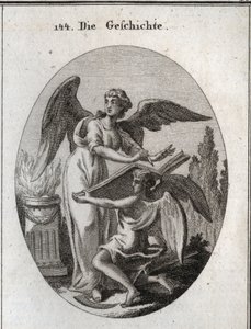 Alegoria da história. Suas ações de ouvir e escrever em um grande livro apoiado pelo tempo significa a ação de ser informado para retranscrever a memória de coisas passadas. Gravação em "Iconologie oder Ideen aus dem Gebiete der Leidenschaften und Allegori de Austrian School