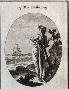 A alegoria da esperança repousa sobre uma âncora e a observação de um navio no horizonte. Gravação em "Iconologie oder Ideen aus dem Gebiet der Leidenschaften und Allegorien bildestellt fur Zeichner, Mahler, Dichter, Gelehrte, Erzieher und befunde Hoherer  de Austrian School