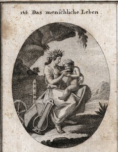 Alegoria da vida humana. Lyre e charue simbolizam o prazer e o trabalho. Ela dá uma bebida a uma criança, essencial para viver. Gravura em "Iconologia ou Ideias do Campo das Paixões e Alegorias ilustradas pictóricamente para desenhistas, pintores, poetas,  de Austrian School
