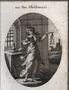 Alegoria de hipocrisia segurando um livro de orações e disciplina (rápido, chicote). A trombeta que ela tem nas marcas dos ombros que ela publica com ênfase as suas boas obras. Gravação em "Iconologie oder Ideen aus dem Gebiete der Leidenschaften und Alleg de Austrian School