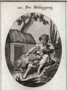 Alegoria de ociosidade representada por uma mulher meio adormecida que arranha a cabeça com uma mão e descansa com a outra sobre um porco dormindo de joelhos. Gravura em "Iconologie oder Ideen aus dem Gebiete der Leidenschaften und Allegorien bildich darge de Austrian School