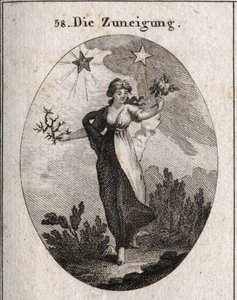 Alegoria de inclinação. Ela segura um buquê de rosas e um buquê de espinhos e parece indecisa na sua escolha. Atrás dela está uma estrela brilhante e benéfica (a de Júpiter) e uma estrela escura e nociva (a de Saturno). Gravura em "Iconologie oder Ideen de Austrian School