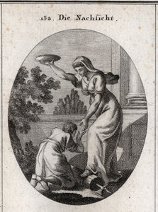Alegoria da indulgência. Ela tropeçou debaixo dos seus pés os fardos e o machado que os lictores levavam entre os romanos. Ela segura um casaco erguido e apresenta a mão a um escravo prostra os seus pés. Gravura em "Iconologie oder Ideen aus dem Gebiete de de Austrian School