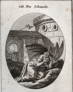 Alegoria de infâmia cobrindo o rosto com as mãos e seus atributos são duas grandes asas pretas de morcego (morcego). Gravura em "Iconologie oder Ideen aus dem Gebiet der Leidenschaften und Allegorien bildestellt fur Zeichner, Mahler, Dichter, Gelehrte", de Austrian School