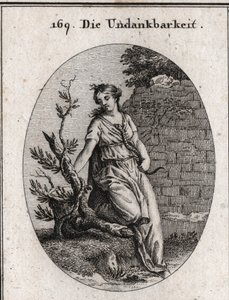 Alegoria da ingratidão. Uma mulher que aquece uma cobra no seu peito é mordida. O ramo de hera é o símbolo da ingratidão, pois destrói a si mesmo, o que serve de apoio para se erguer. Gravura em "Iconologie oder Ideen aus dem Gebiete der Leidenschaften und de Austrian School