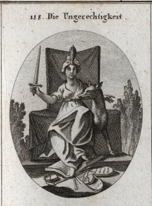 Alegoria de injustiça. Ela segura uma espada que se levanta e coroa a seus pés as mesas das leis divinas e o livro das vozes humanas e as escalas de justiça que se quebram. O lobo é o símbolo da crueldade do rapina e da ganância. Gravura em "Iconolo de Austrian School