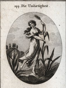 Alegoria de instabilidade agitada pelo vento. Ela inclina-se com ambas as mãos sobre uma frágil palheta e é colocada apenas com um pé sobre uma bola. Gravação em "Iconologie oder Ideen aus dem Gebiete der Leidenschaften und Allegorien bildestellt dargestel de Austrian School