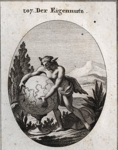 Alegoria de interesse com pele de lobo. Ele está a apertar um globo. Este emblema significa que a ganância é a própria das pessoas interessadas. Gravura em "Iconologie oder Ideen aus dem Gebiete der Leidenschaften und Allegorien bildestellt fur Zeichner, M de Austrian School
