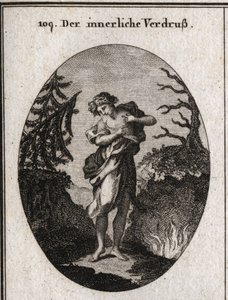 Alegoria de tristeza interna representada pela tristeza do rosto e pela desordem de ajuste. Seu peito parece estar comendo por várias serpentes. Gravação em "Iconologie oder Ideen aus dem Gebiete der Leidenschaften und Allegorien bildich dargestell de Austrian School