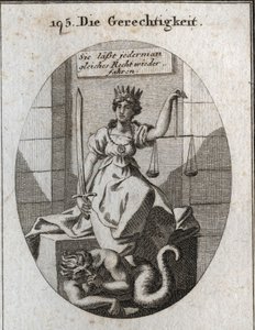 Alegoria de justiça. Os seus atributos são equilíbrio e espada. Ela senta-se num tribunal e empresta-lhe uma coroa dourada na cabeça. Sob os seus pés, a fraude preocupada em ser descoberta, roeu-lhe os punhos. Gravura em "Iconologie oder Ideen aus dem Gebi de Austrian School