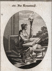 Alegoria do conhecimento baseada em vários volumes de autores com um livro aberto de joelhos. A tocha é alusiva à luz que ela difunde nas almas. Gravura em "Iconologie oder Ideen aus dem Gebiete der Leidenschaften und Allegorien bildich dargestellt de Austrian School
