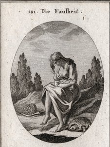 Alegoria de preguiça. Ela está de braços cruzados. O seu atributo é uma tartaruga e uma lesma. Gravura em "Iconologia ou Idéias do Campo das Paixões e Alegorias ilustradas para desenhistas, pintores, poetas, estudiosos, educadores e amigos". de Austrian School