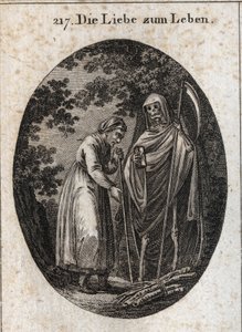 Alegoria de amor pela vida. Uma mulher velha chama a morte para a ajudar a colocar os seus beliches de madeira na cabeça. Gravura em "Iconologia ou ideias do campo das paixões e alegorias ilustradas para desenhistas, pintores, poetas, estudiosos, educadore de Austrian School