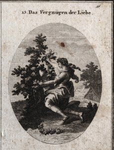 Alegoria de satisfação amorosa representada por um gracioso adolescente ajoelhado em frente a um coração no meio de uma roseira florida cujas rosas e espinhos são alusivos às tristezas e doces do amor. O amante chora para embelezar o que ama, que é de Austrian School