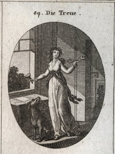 Alegoria de lealdade cujos símbolos são a chave, o selo e o cão. Gravura em "Iconologia ou idéias do campo das paixões e alegorias ilustradas para desenhistas, pintores, poetas, estudiosos, educadores e amigos de alto gosto de Austrian School