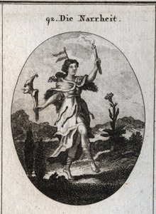 Alegoria da loucura. a pele do urso deseja a loucura que carrega a raiva, a ação da dança enfatiza aqueles que se vestem para esperar. O palheta em sua cabeça marca a instabilidade das fantasias. Ela contrasta a luz de uma vela com os raios de luz do su de Austrian School