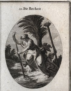 Alegoria de malignidade. Ela está a segurar num pau que está a perturbar a água do lago. O macaco, o seu atributo deracina uma estaca para derrubar o ninho do pássaro que está no topo. Gravura em "Iconologie oder Ideen aus dem Gebiete der Leidenschafte". de Austrian School