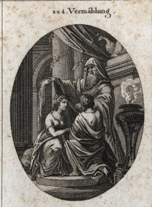 Alegoria do casamento: o sacerdote joga o campo dos animais atrás do altar para mostrar que não há amargura no casamento. Gravura em "Iconologie oder Ideen aus dem Gebiete der Leidenschaften und Allegorien bildestellt dargestellt fur Zeichner, Mahl de Austrian School