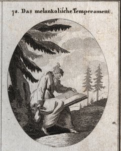 Alegoria de tez melancólica. Ele segura um livro e uma bolsa e sua boca está fechada com uma venda. Um pássaro senta-se na sua cabeça. Gravura em "Iconologie oder Ideen aus dem Gebiete der Leidenschaften und Allegorien bildestellt dargestellt fur Zeichner, de Austrian School